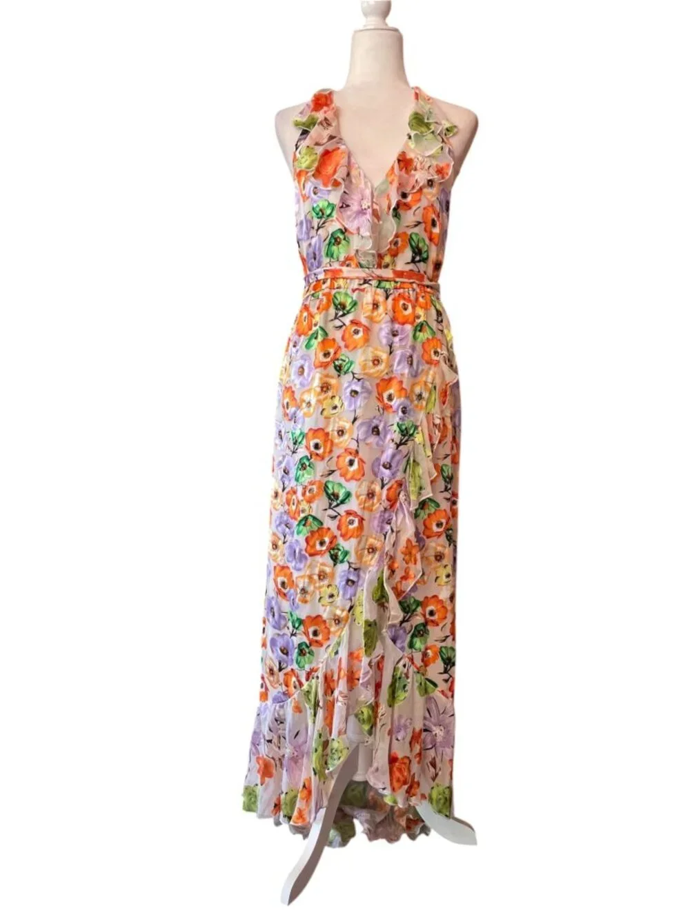 Alice + Olivia Evelia Floral Tie Waist Silk Blend Floral Dress SZ 8 Wedding - Picture 2 of 16